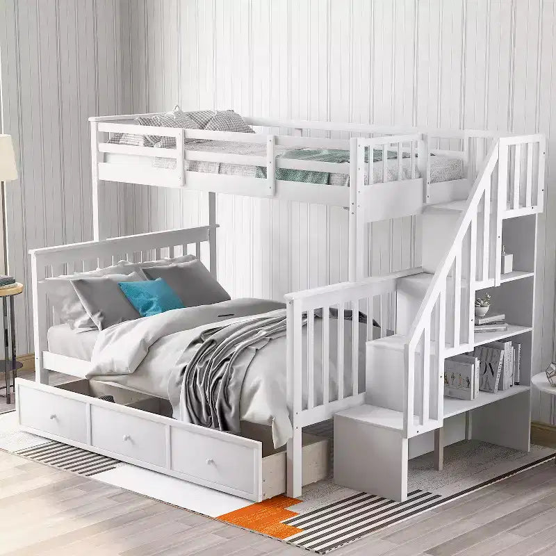 Twin-Over-Full Stairway Bunk Bed with Drawer, Storage and Guard Rail
