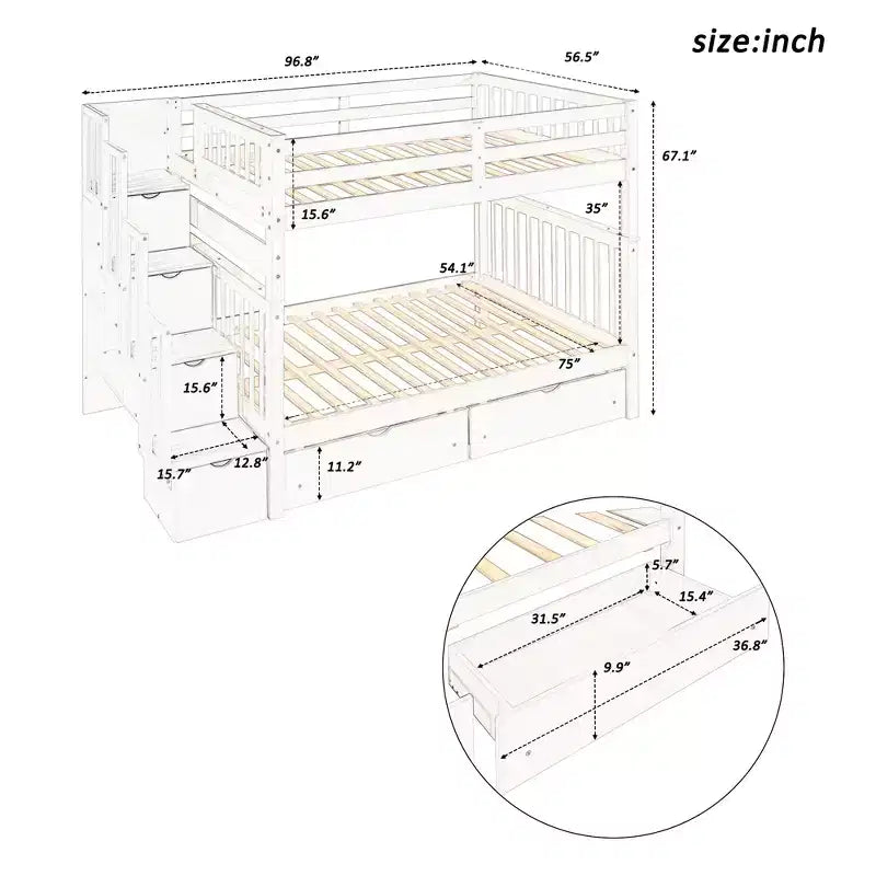 Full Over Full Bunk Bed with Shelves and 6 Storage Drawers