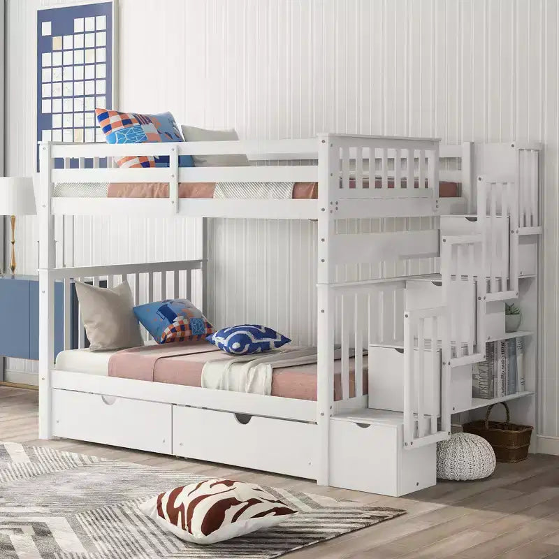 Full Over Full Bunk Bed with Shelves and 6 Storage Drawers