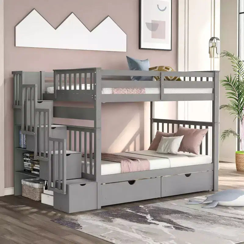 Full Over Full Bunk Bed with Shelves and 6 Storage Drawers