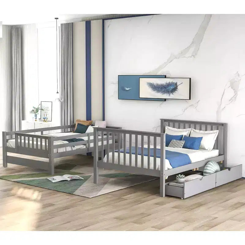 Full Over Full Bunk Bed with Shelves and 6 Storage Drawers