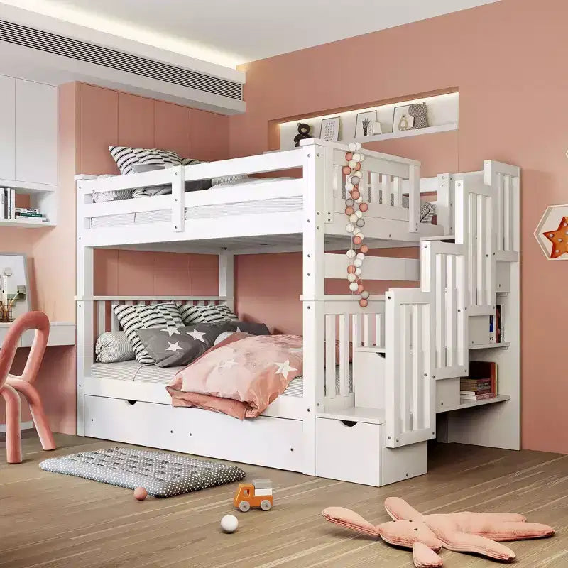 Full Over Full Bunk Bed with Shelves and 6 Storage Drawers