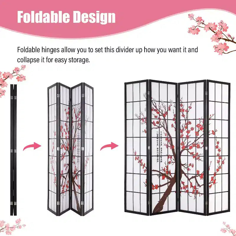 Elegant Folding Room Divider 4-Panel 6ft Screen Divider with Solid Wood Frame Shoji Panels