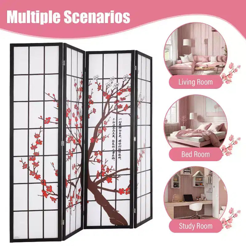 Elegant Folding Room Divider 4-Panel 6ft Screen Divider with Solid Wood Frame Shoji Panels