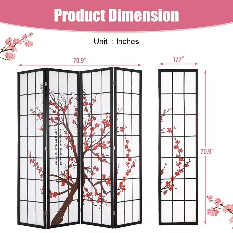 Elegant Folding Room Divider 4-Panel 6ft Screen Divider with Solid Wood Frame Shoji Panels