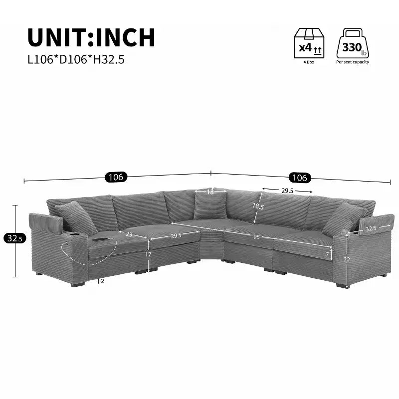 106" Corduroy Convertible L-Shaped Corner Sofa with Armrest Storage and Cup Holders