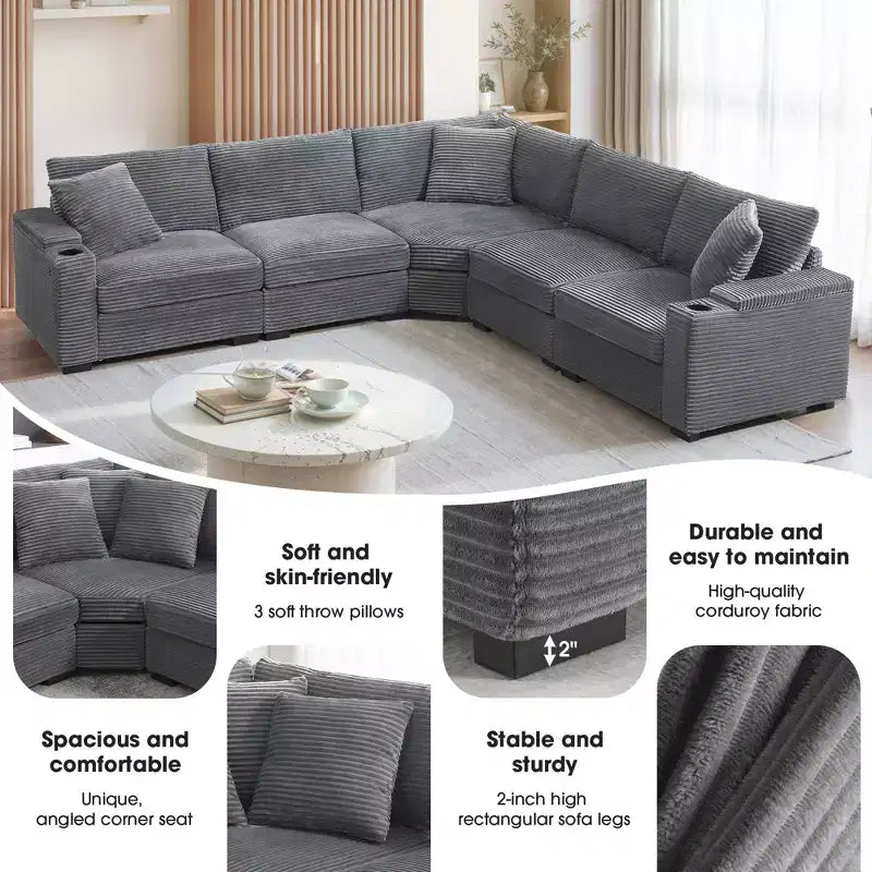 106" Corduroy Convertible L-Shaped Corner Sofa with Armrest Storage and Cup Holders