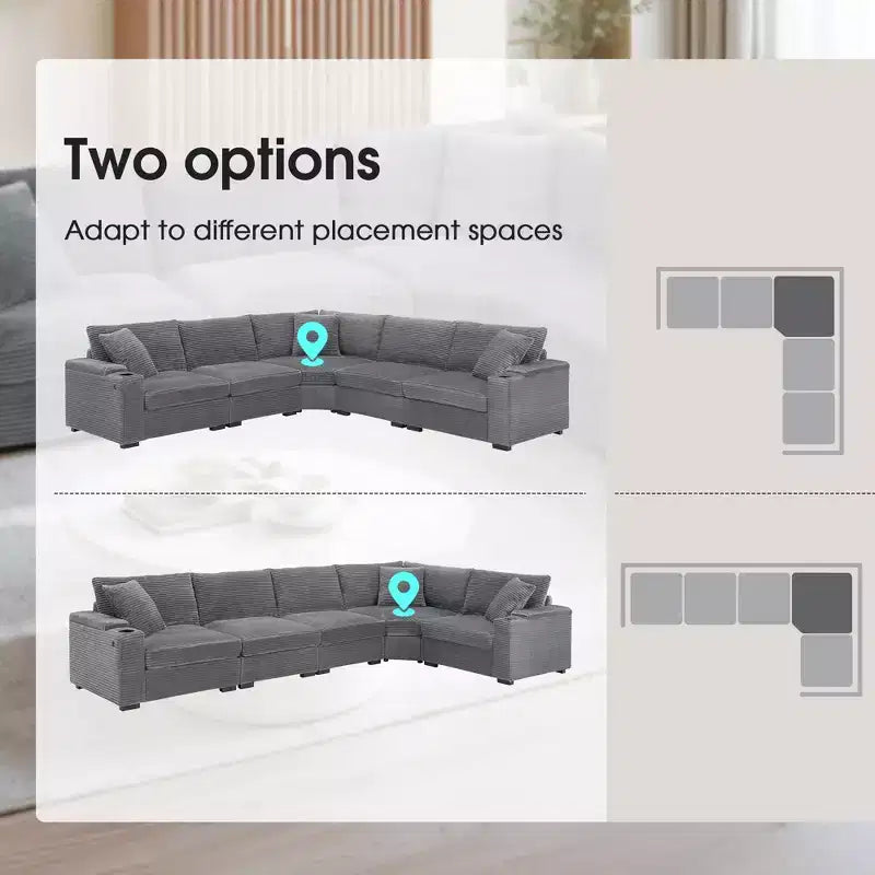 106" Corduroy Convertible L-Shaped Corner Sofa with Armrest Storage and Cup Holders