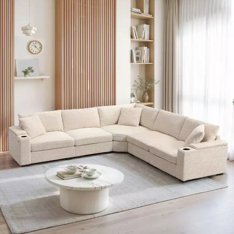 106" Corduroy Convertible L-Shaped Corner Sofa with Armrest Storage and Cup Holders