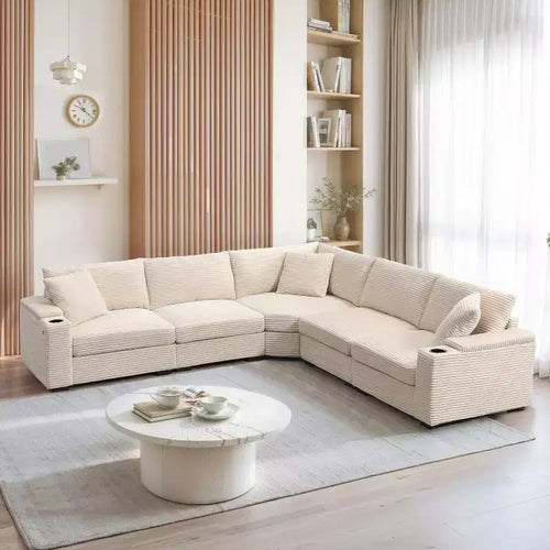 106" Corduroy Convertible L-Shaped Corner Sofa with Armrest Storage and Cup Holders