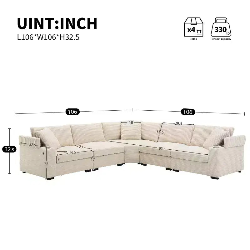 106" Corduroy Convertible L-Shaped Corner Sofa with Armrest Storage and Cup Holders