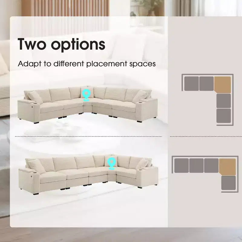 106" Corduroy Convertible L-Shaped Corner Sofa with Armrest Storage and Cup Holders