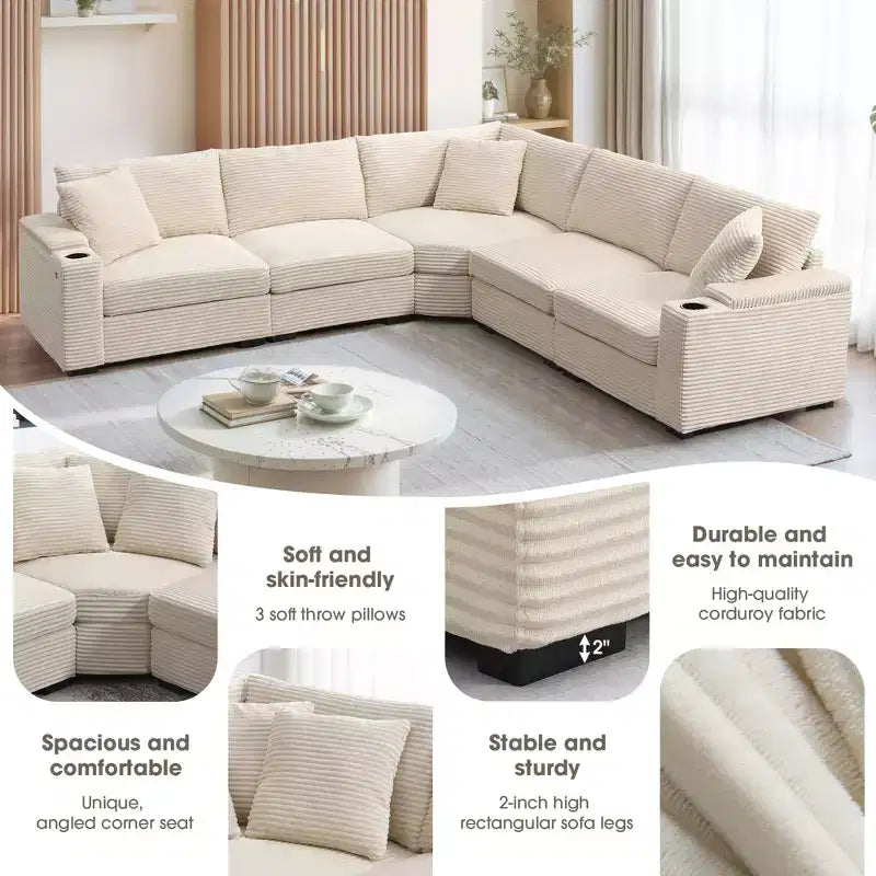 106" Corduroy Convertible L-Shaped Corner Sofa with Armrest Storage and Cup Holders
