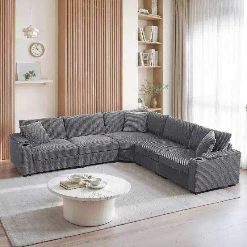 106" Corduroy Convertible L-Shaped Corner Sofa with Armrest Storage and Cup Holders
