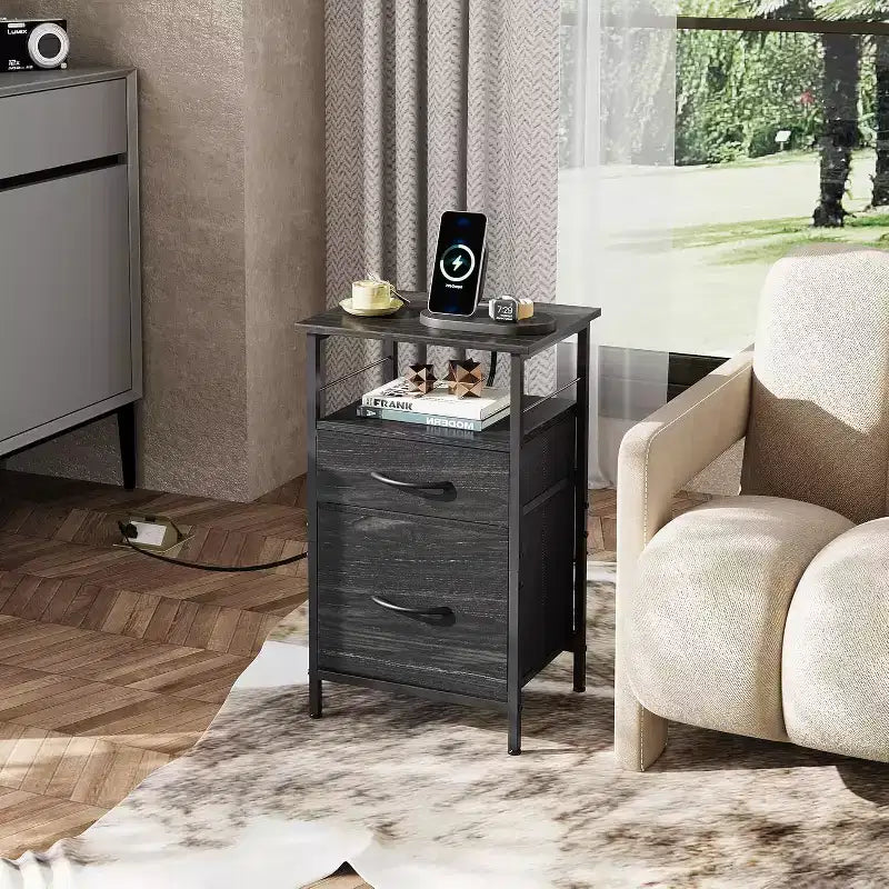 GALAXHERO Nightstand with Charging Station, End Table with 2 Fabric Drawers, Side Table for Living Room, 2 USB Ports and 2 Outlets