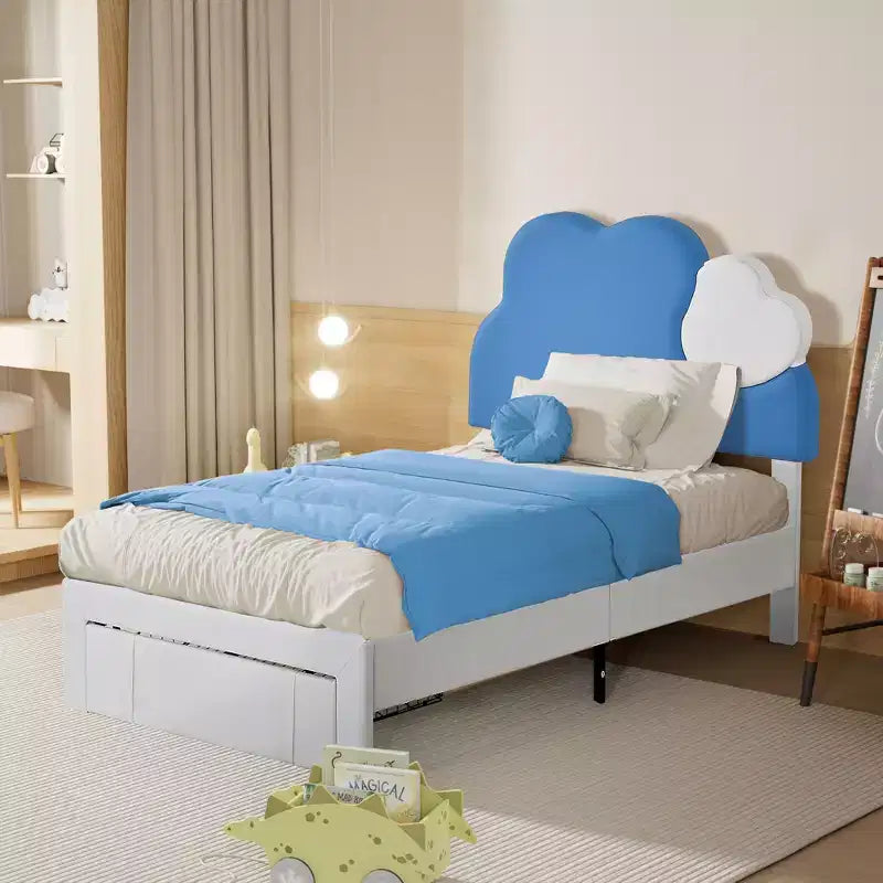 Upholstered Bed Frame for Kids, Twin Size Bed with Storage Drawer, Platform Bed with Cloud-Shaped Headboard, Blue
