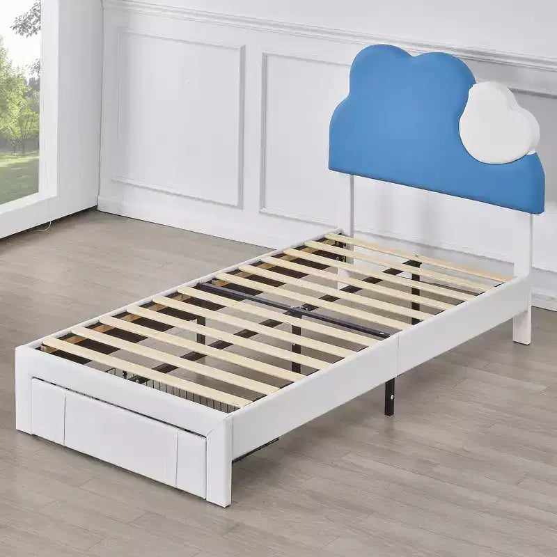 Upholstered Bed Frame for Kids, Twin Size Bed with Storage Drawer, Platform Bed with Cloud-Shaped Headboard, Blue