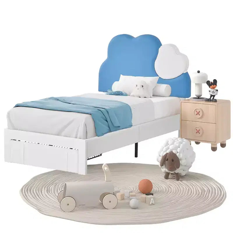 Upholstered Bed Frame for Kids, Twin Size Bed with Storage Drawer, Platform Bed with Cloud-Shaped Headboard, Blue