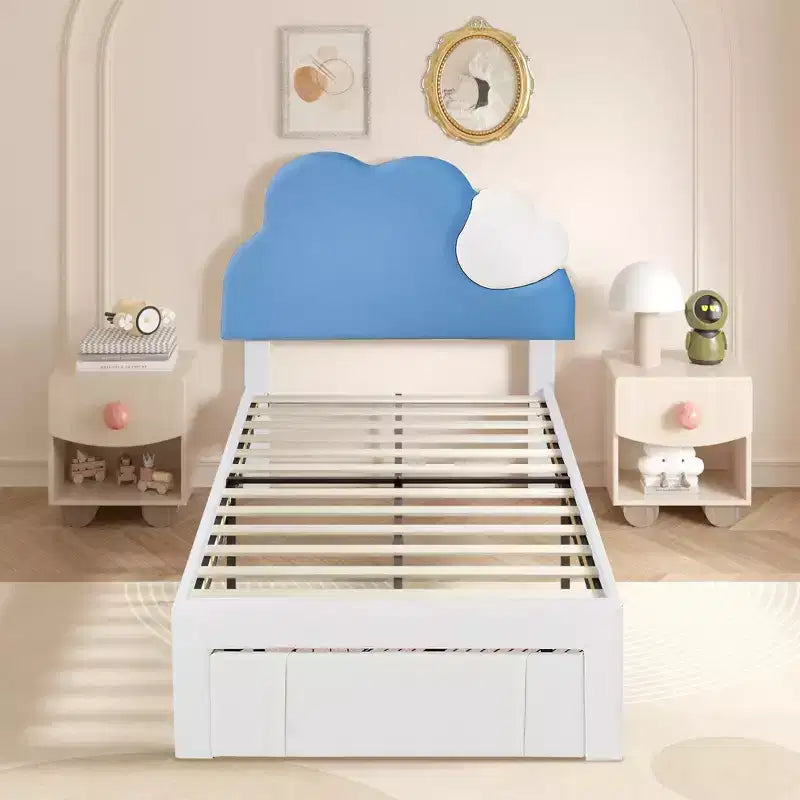 Upholstered Bed Frame for Kids, Twin Size Bed with Storage Drawer, Platform Bed with Cloud-Shaped Headboard, Blue