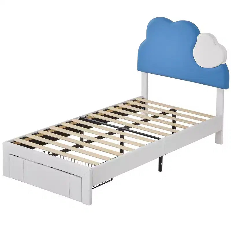 Upholstered Bed Frame for Kids, Twin Size Bed with Storage Drawer, Platform Bed with Cloud-Shaped Headboard, Blue