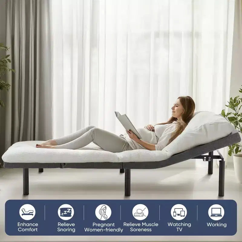 Ergonomic Motorized Bed Frame with Wireless Remote - Independent Head/Foot Tilt, Silent Power Motor, Ideal for Relax, Work, Read & TV Time