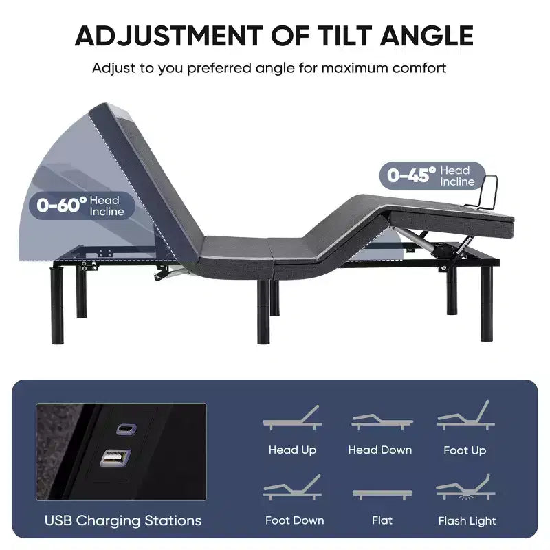 Ergonomic Motorized Bed Frame with Wireless Remote - Independent Head/Foot Tilt, Silent Power Motor, Ideal for Relax, Work, Read & TV Time