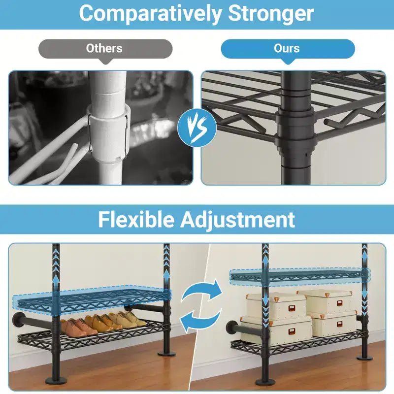 Closet Organizer System, Expandable Wall Mounted Clothes Rack, Industrial Pipe Garment Rack, Fits Spaces 6'4-9'3