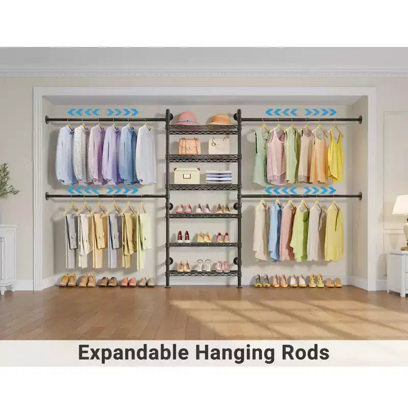 Closet Organizer System, Expandable Wall Mounted Clothes Rack, Industrial Pipe Garment Rack, Fits Spaces 6'4-9'3