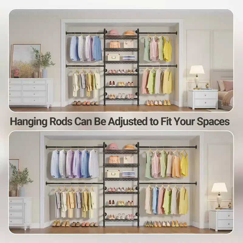 Closet Organizer System, Expandable Wall Mounted Clothes Rack, Industrial Pipe Garment Rack, Fits Spaces 6'4-9'3