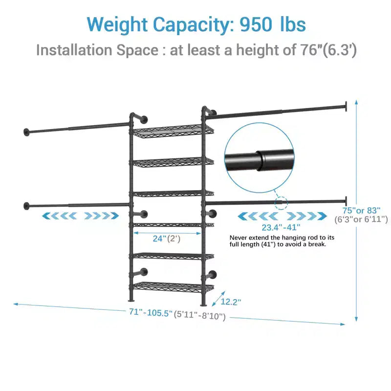 Closet Organizer System, Expandable Wall Mounted Clothes Rack, Industrial Pipe Garment Rack, Fits Spaces 6'4-9'3