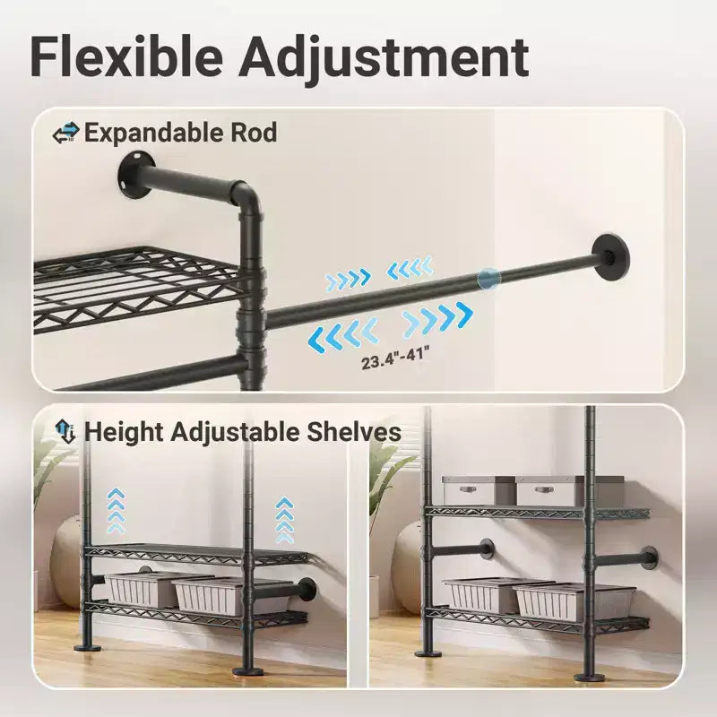 Closet Organizer System, Expandable Wall Mounted Clothes Rack, Industrial Pipe Garment Rack, Fits Spaces 6'4-9'3