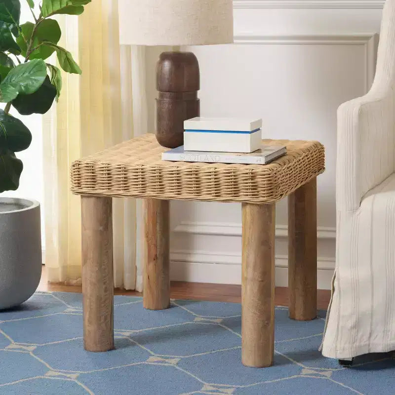 Weaved Accent Table, Natural Mango Wood with Rattan Design