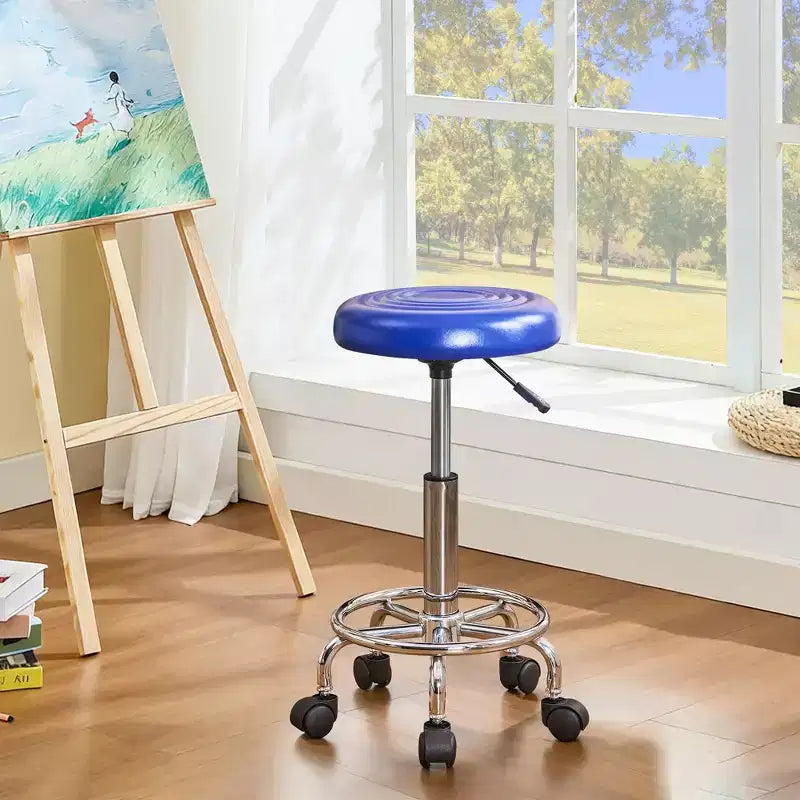 Faux Leather Office Chair, Adjustable Height Swivel Rolling Ergonomic Office Stool with Footrest & Wheels, Black/White/Blue