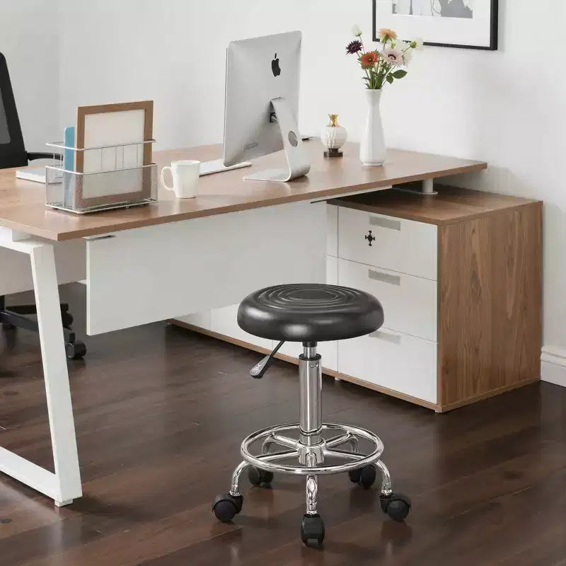 Faux Leather Office Chair, Adjustable Height Swivel Rolling Ergonomic Office Stool with Footrest & Wheels, Black/White/Blue