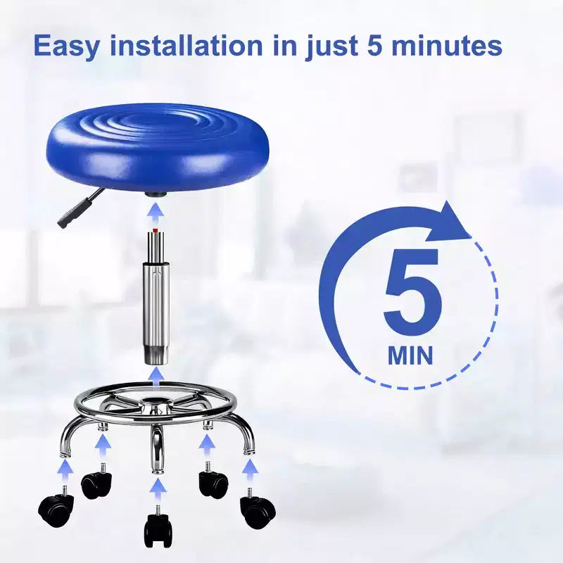 Faux Leather Office Chair, Adjustable Height Swivel Rolling Ergonomic Office Stool with Footrest & Wheels, Black/White/Blue