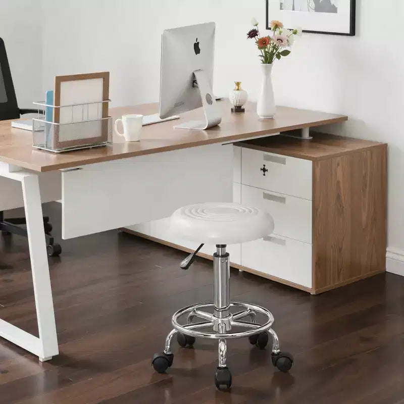 Faux Leather Office Chair, Adjustable Height Swivel Rolling Ergonomic Office Stool with Footrest & Wheels, Black/White/Blue