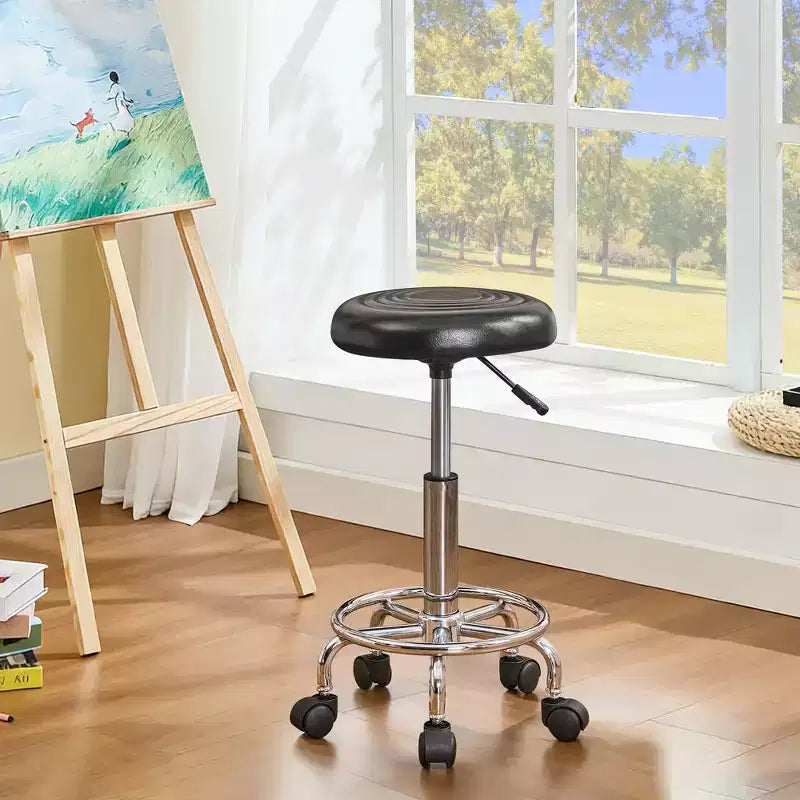 Faux Leather Office Chair, Adjustable Height Swivel Rolling Ergonomic Office Stool with Footrest & Wheels, Black/White/Blue