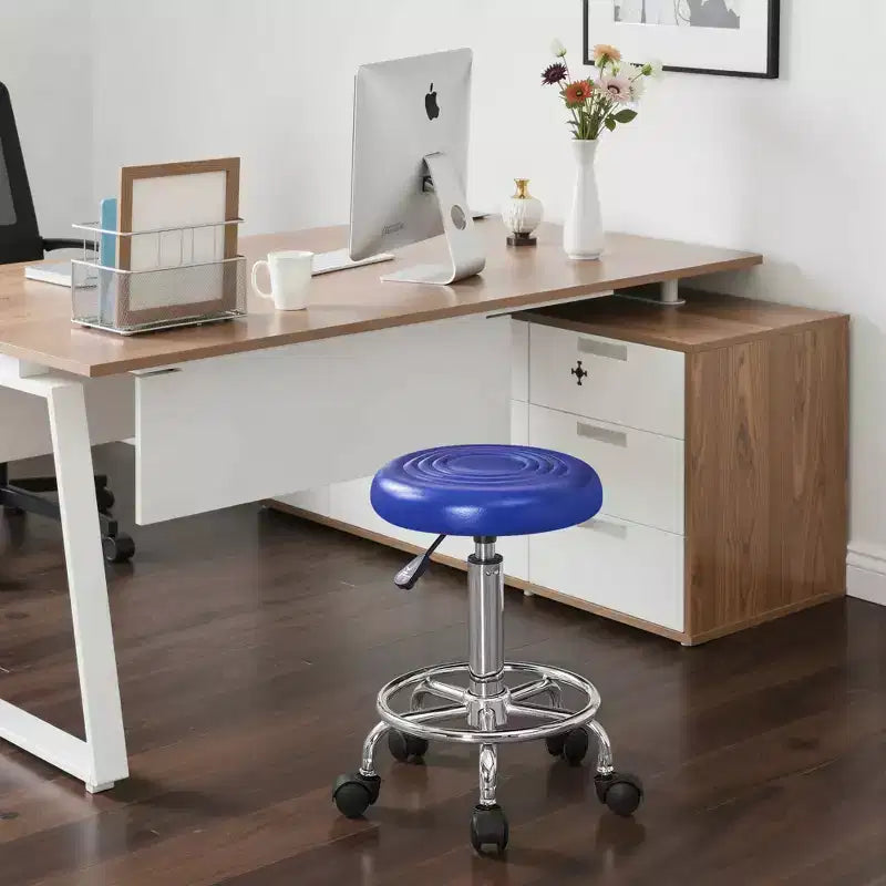 Faux Leather Office Chair, Adjustable Height Swivel Rolling Ergonomic Office Stool with Footrest & Wheels, Black/White/Blue