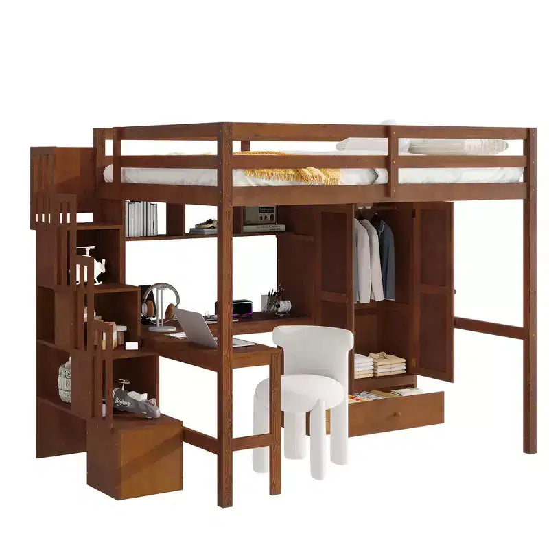 Full Size Loft Wood Bed Frame with Desk, Storage Shelves, Drawer, Built-in Staircase and Wardrobe