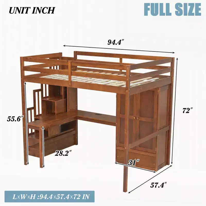 Full Size Loft Wood Bed Frame with Desk, Storage Shelves, Drawer, Built-in Staircase and Wardrobe