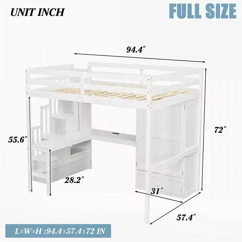 Full Size Loft Wood Bed Frame with Desk, Storage Shelves, Drawer, Built-in Staircase and Wardrobe