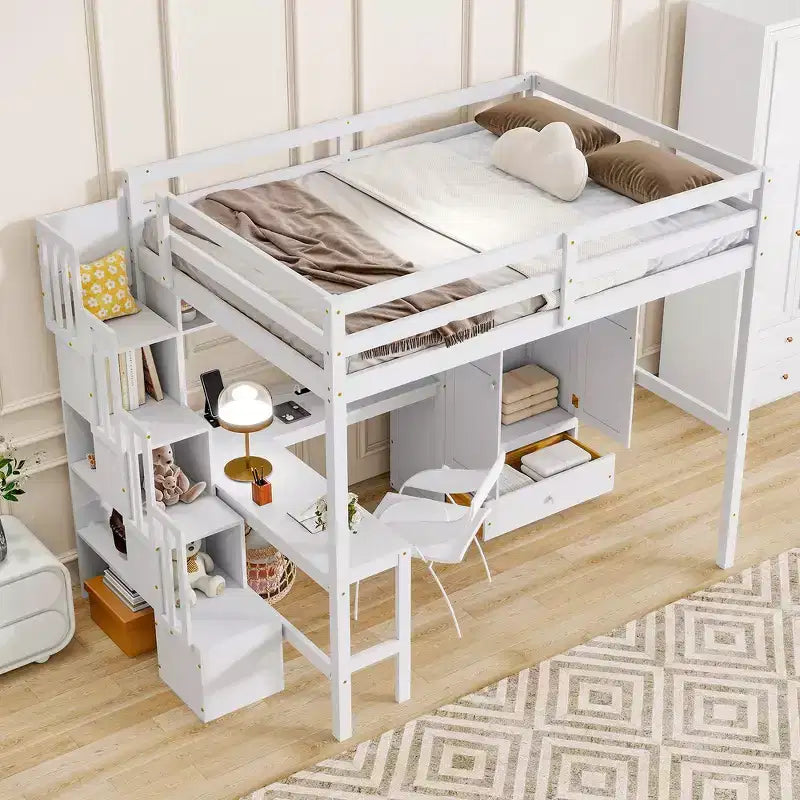 Full Size Loft Wood Bed Frame with Desk, Storage Shelves, Drawer, Built-in Staircase and Wardrobe