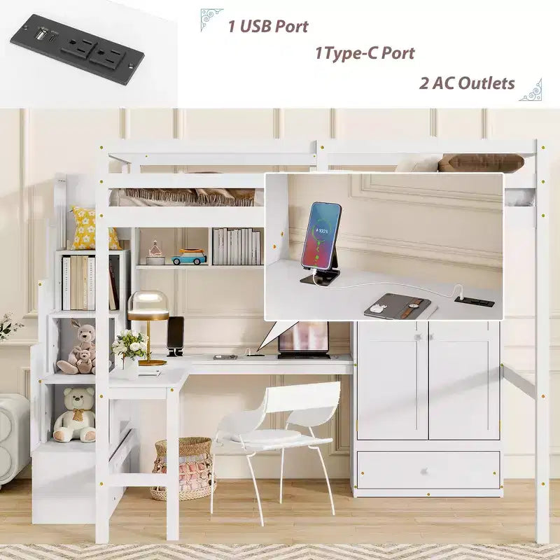 Full Size Loft Wood Bed Frame with Desk, Storage Shelves, Drawer, Built-in Staircase and Wardrobe