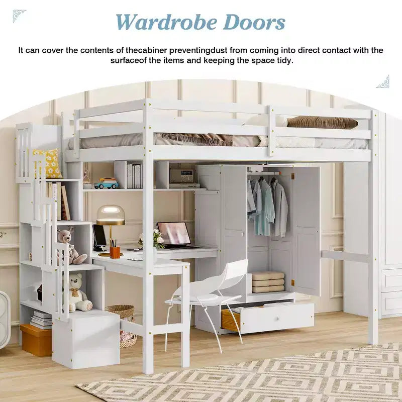 Full Size Loft Wood Bed Frame with Desk, Storage Shelves, Drawer, Built-in Staircase and Wardrobe