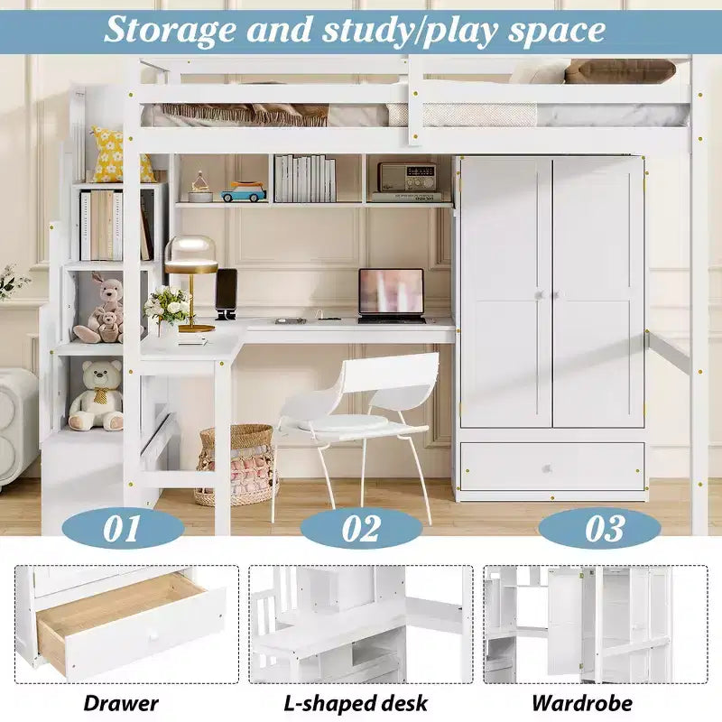 Full Size Loft Wood Bed Frame with Desk, Storage Shelves, Drawer, Built-in Staircase and Wardrobe