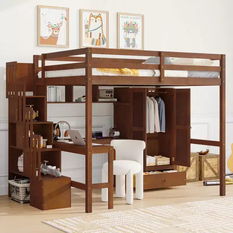 Full Size Loft Wood Bed Frame with Desk, Storage Shelves, Drawer, Built-in Staircase and Wardrobe