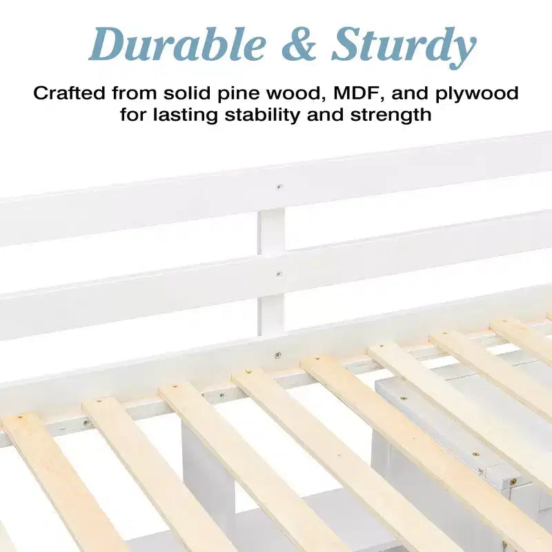 Full Size Loft Wood Bed Frame with Desk, Storage Shelves, Drawer, Built-in Staircase and Wardrobe