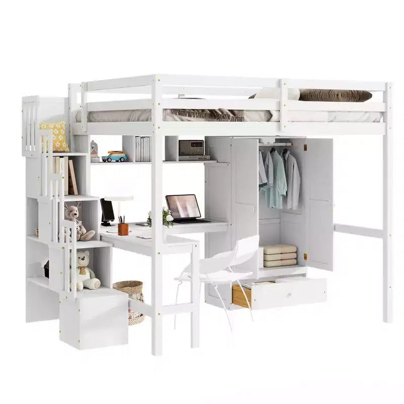 Full Size Loft Wood Bed Frame with Desk, Storage Shelves, Drawer, Built-in Staircase and Wardrobe