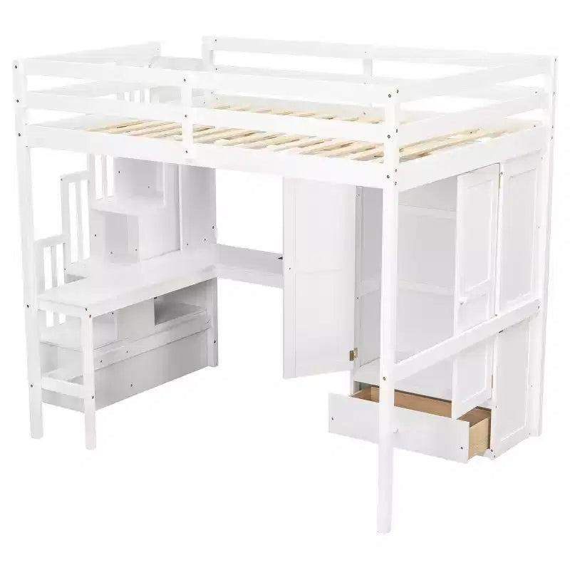 Full Size Loft Wood Bed Frame with Desk, Storage Shelves, Drawer, Built-in Staircase and Wardrobe