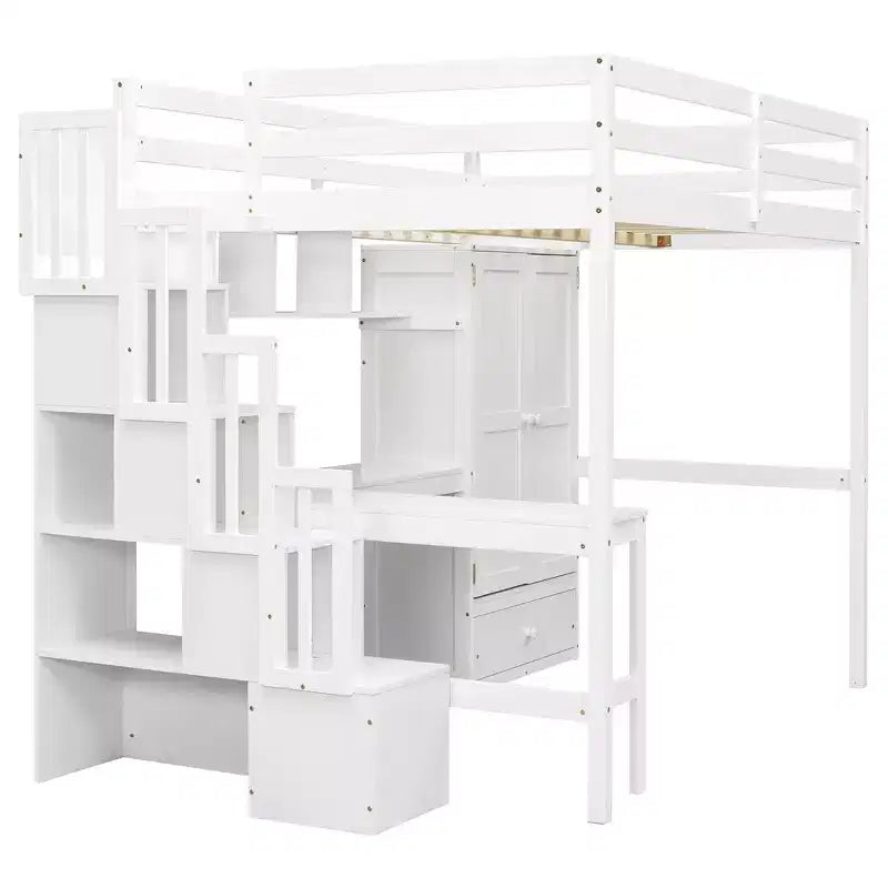 Full Size Loft Wood Bed Frame with Desk, Storage Shelves, Drawer, Built-in Staircase and Wardrobe